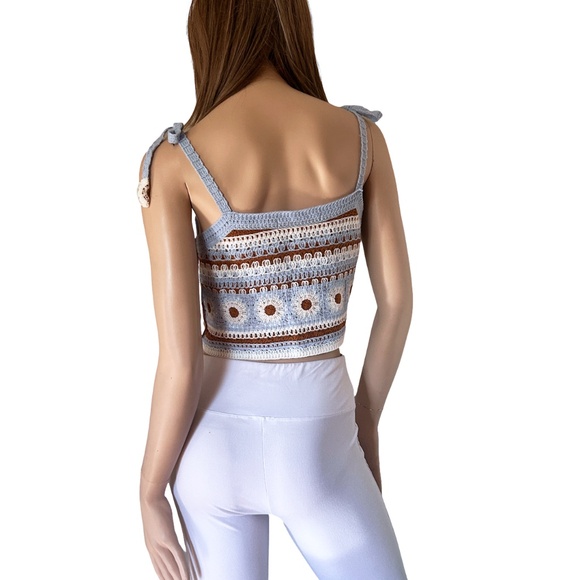 ALTAR'D STATE Crochet Knit Crop Top Floral Tie Straps Shirt Strappy Sky Blue - Picture 7 of 15